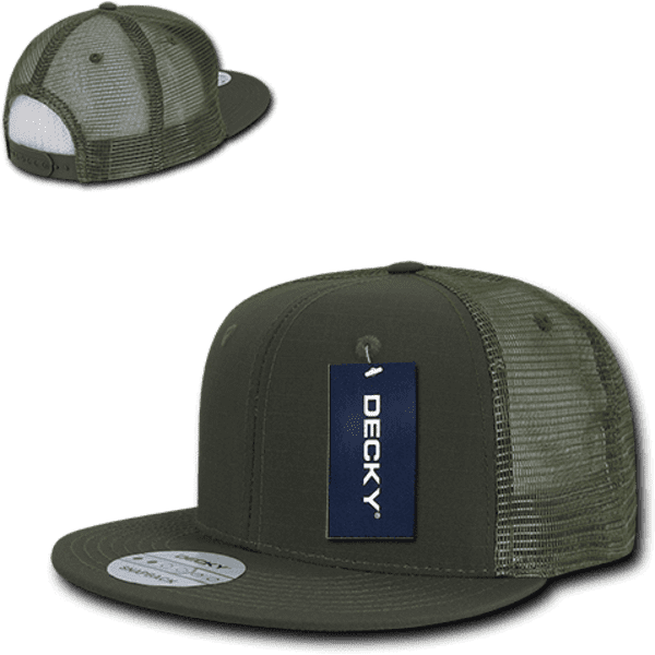 A green 6 Panel High Profile Structured Trucker hat with a white mesh back and a branded tag.