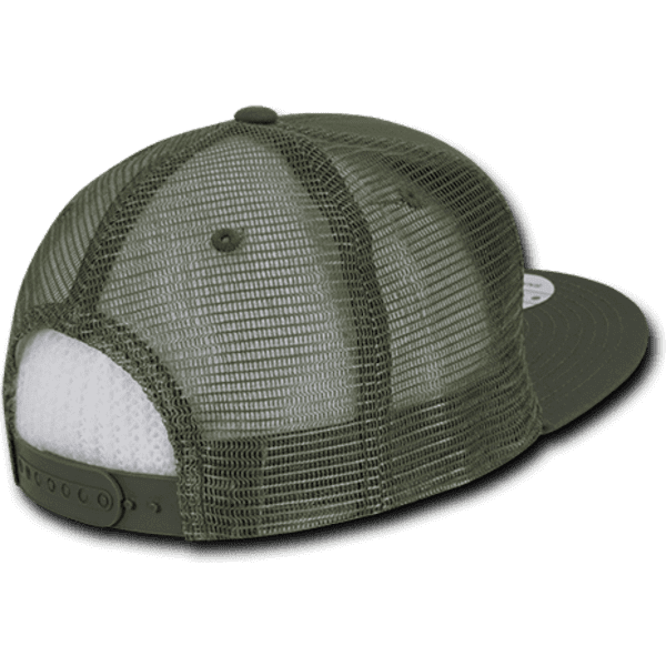 A high-profile structured trucker cap in olive green, featuring a mesh back and a solid brim, with a logo.