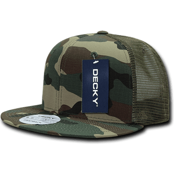 A camouflage 6-panel high pro ripstop trucker cap with a mesh back and a tag attached.