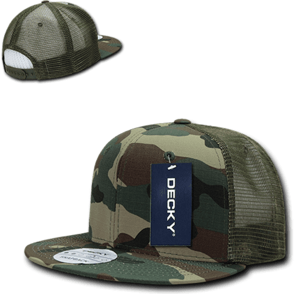 A camo patterned 6 panel high profile structured trucker cap with mesh back and a branded tag.