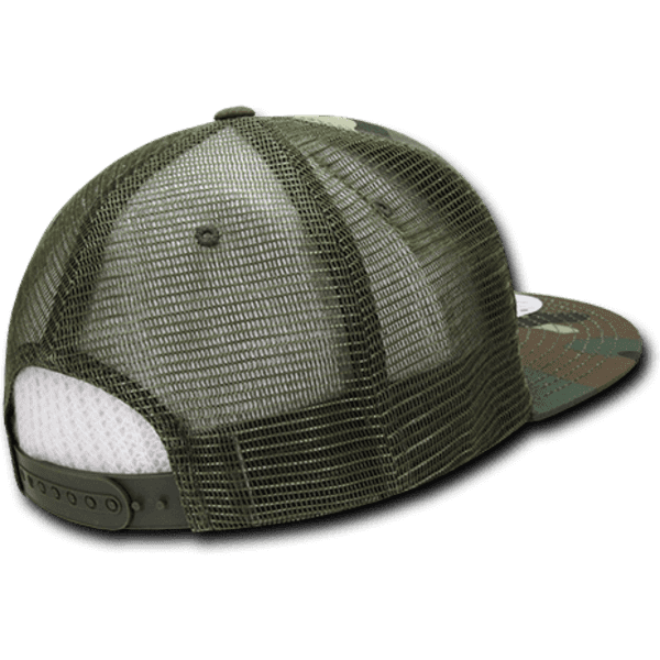 A structured trucker cap in camouflage green with a mesh back and adjustable snap closure.