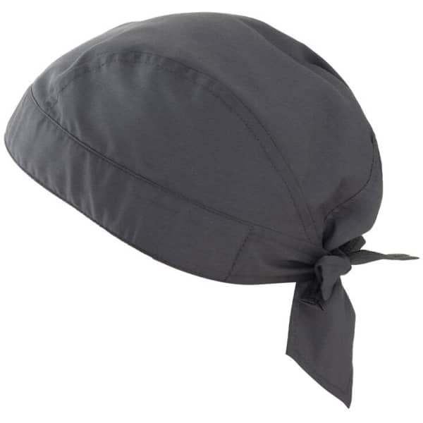 A grey bandana with a tied knot at the back, designed for headwear. It features a simple, smooth fabric texture.