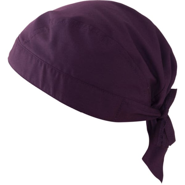 A purple bandana with a tied detail, designed for headwear. It features a simple, solid colour and has a branding logo.