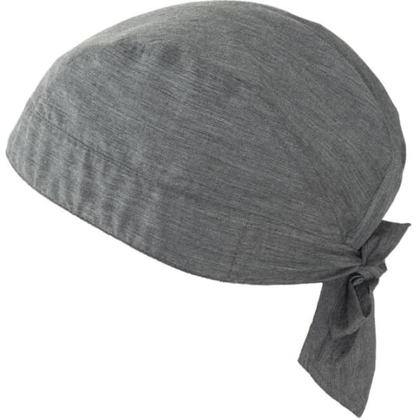 A grey bandana with a tied back design, suitable for headwear. It features a simple, textured fabric and a logo.