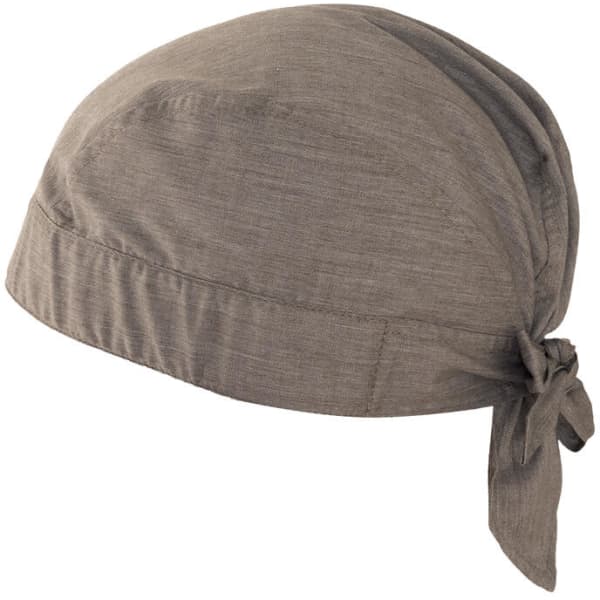 A grey bandana with a tied back design, featured as a headwear product. It includes a logo.