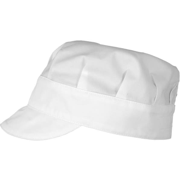 A white cap with a flat brim and gathered top, featuring a logo on the front. Suitable for casual wear.