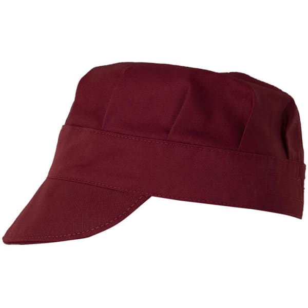 A maroon cap with a stiff peak and a structured design, featuring an undiscernible logo.