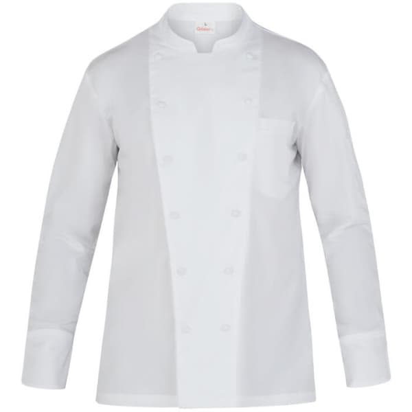 A white chef jacket with long sleeves, featuring a chest pocket and a branded logo.