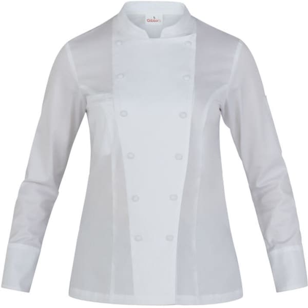 A white chef jacket with long sleeves and a front button closure. It features a logo on the chest area.