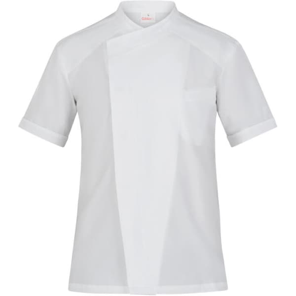 A white chef jacket with a short sleeve design, featuring a single breast pocket and a branding logo.