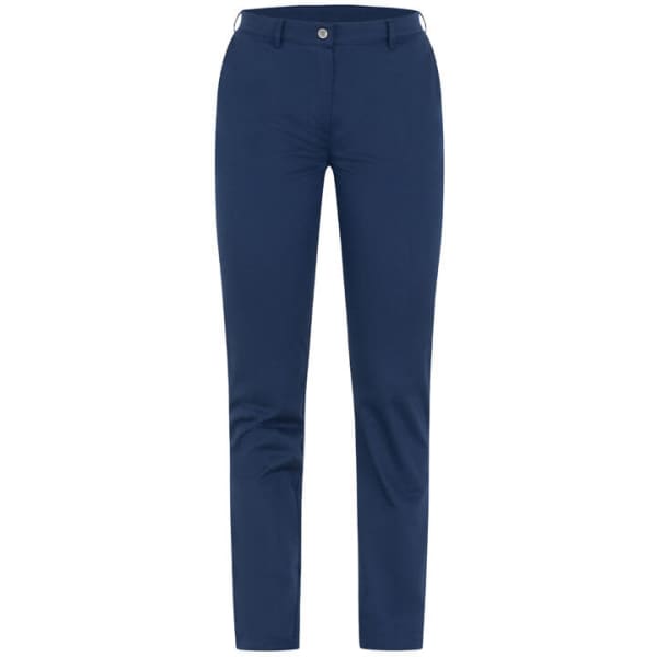 Navy blue trousers with a slim fit and classic pocket design. Features a waistband with a button and zipper.