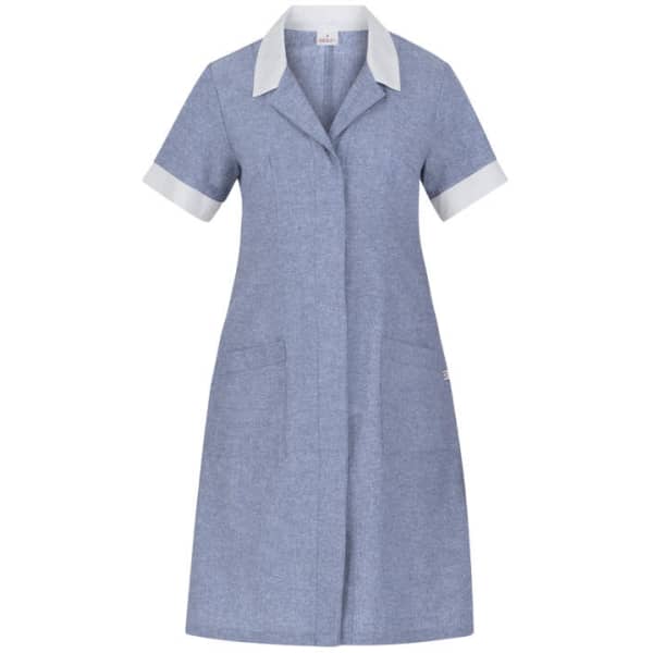 A blue tunic dress with short sleeves and white collar and cuffs, featuring two front pockets and a logo.