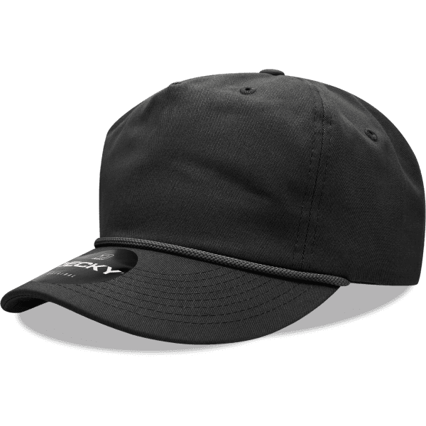 A high-profile relaxed cap in black with a logo on the front and a textured band around the visor.