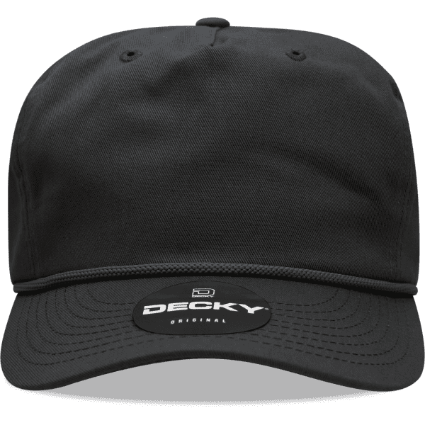 A black 5 panel high profile relaxed cap featuring a logo on the front, with a flat brim and ventilated design.