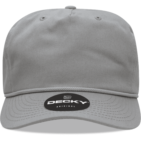 A high-profile relaxed cap in grey, featuring a curved brim and a logo on the front.