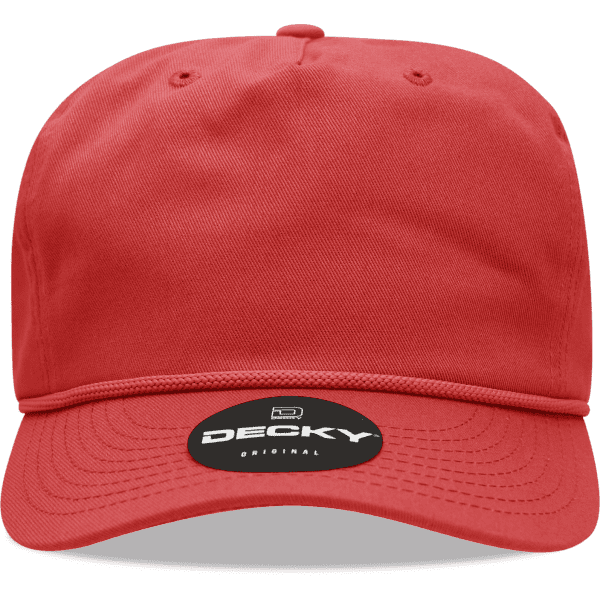 A red 5-panel high profile relaxed cap with a branded logo on the front.