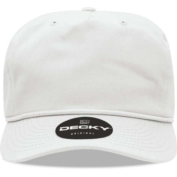 A white 5 Panel High Profile Relaxed Cap featuring a logo on the front and stitching along the visor.