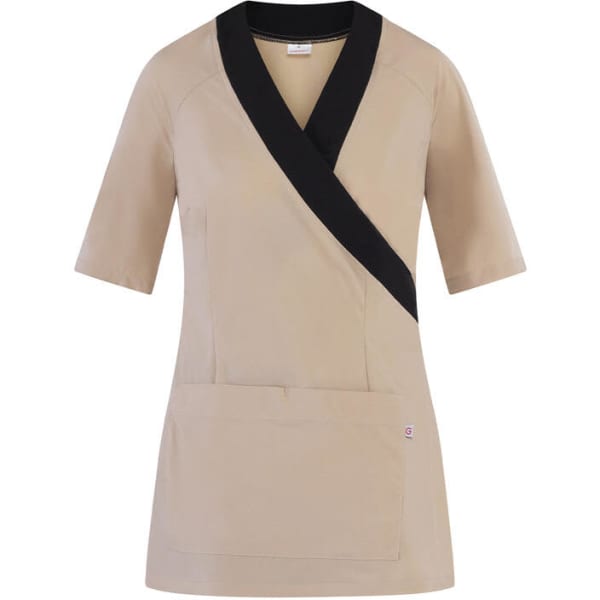 A beige tunic with short sleeves and a black wrap design, featuring a front pocket and a logo.