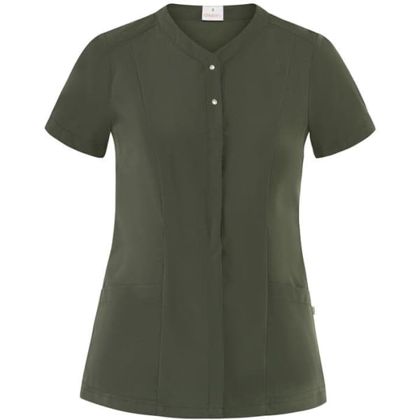A khaki green tunic with short sleeves, a button closure, and two front pockets. The garment has a logo.