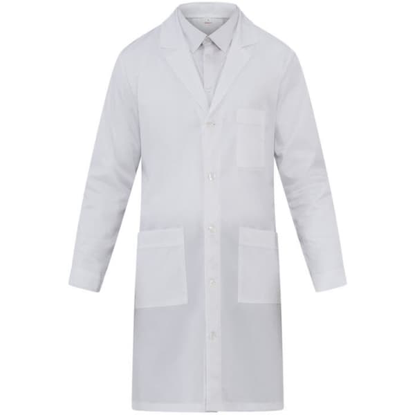 A white lab coat featuring a collar, long sleeves, and multiple pockets. It has a branded logo on it.