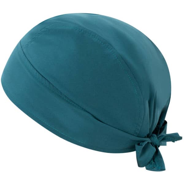 A teal bandana headwear with a tied design at the back, featuring a smooth texture and a logo.