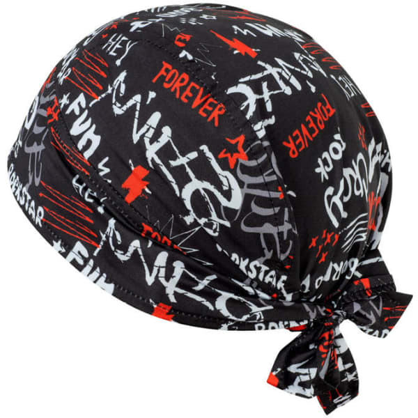 A black bandana with vibrant red and white graphics and a knot at the back, featuring various word designs.