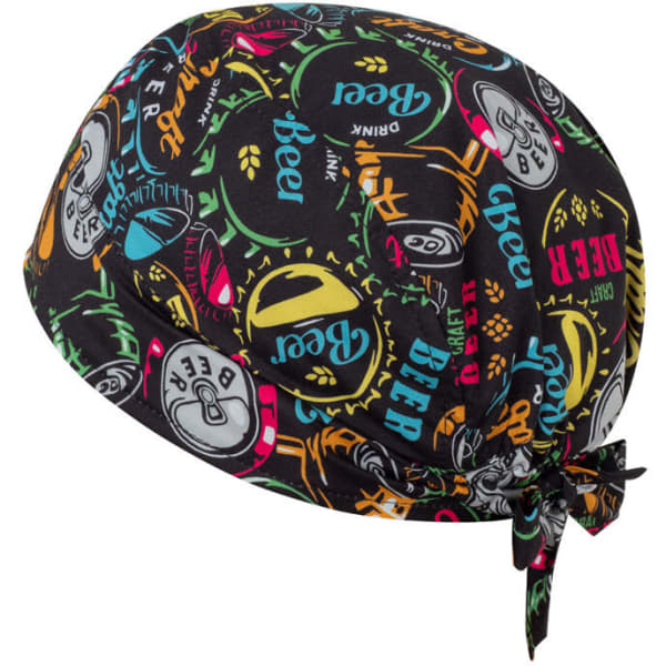 A black bandana featuring a vibrant, multicoloured print of beer-themed graphics and logos.