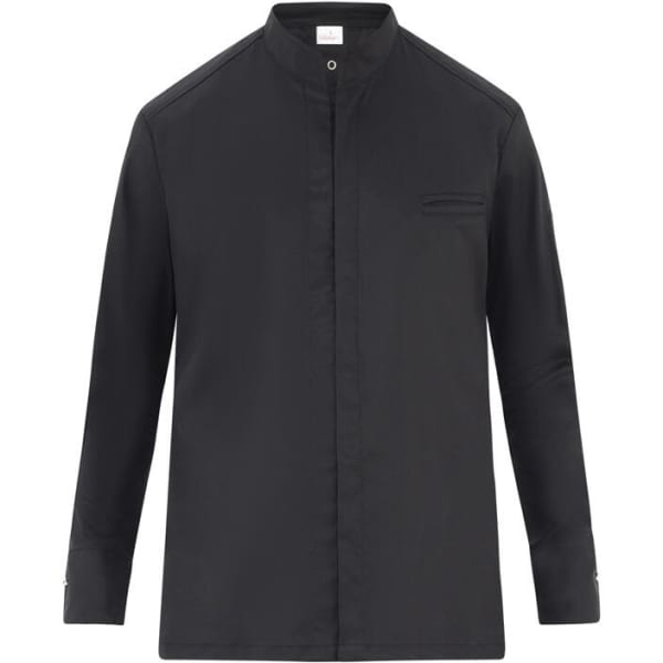 A black Ascanio Jacket featuring a mandarin collar and a chest pocket. It has a simple design with long sleeves and a logo.