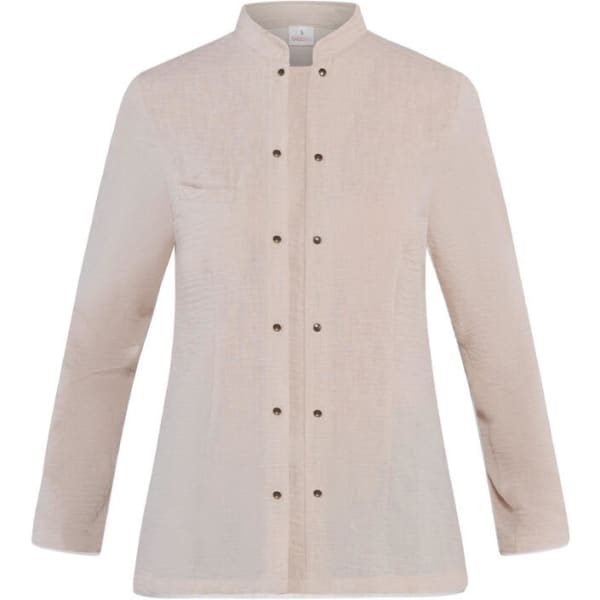 A lightweight, beige Alba Jacket with a mandarin collar and button closures, featuring a single chest pocket.