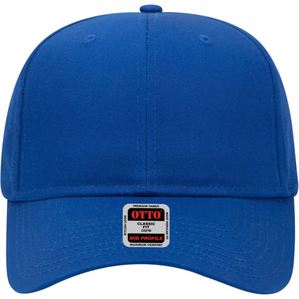 A blue 6 panel mid profile baseball cap featuring a logo at the front.