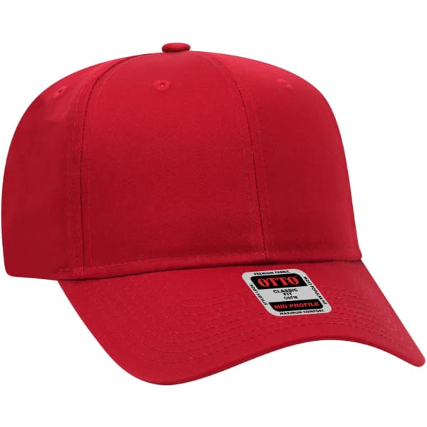 A red 6-panel baseball cap with a mid-profile design and a logo on the front.