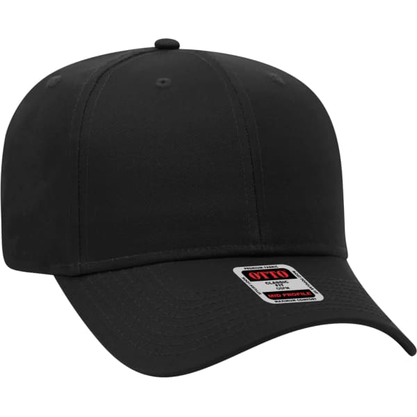 A black 6-panel baseball cap with a curved visor and a logo on the front.
