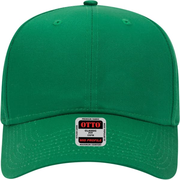 A green 6 panel mid profile baseball cap with a label on the front and a solid design.