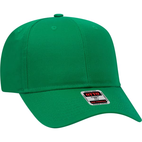 A green 6-panel baseball cap featuring a logo on the front.