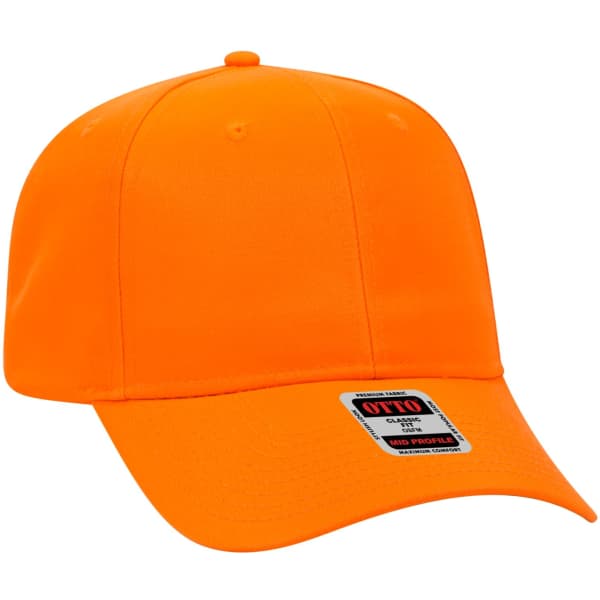 An orange six-panel baseball cap with a structured fit and a logo on the front.