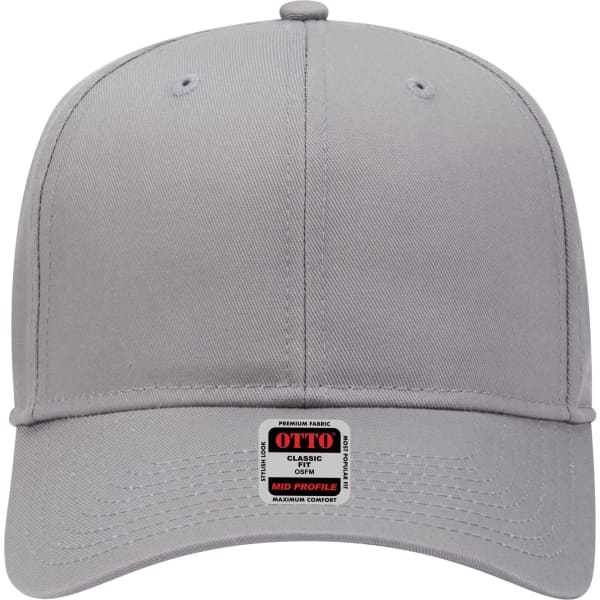 A grey 6-panel mid-profile baseball cap featuring a logo on the front.