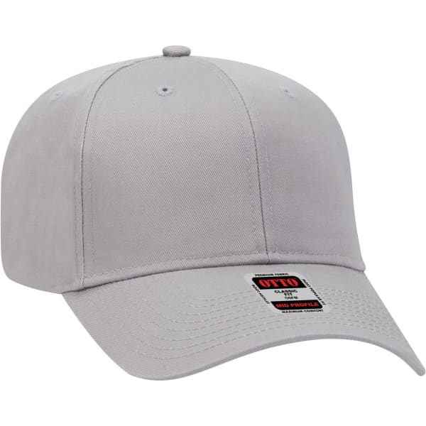 A grey six-panel baseball cap featuring a curved brim and a logo on the front.
