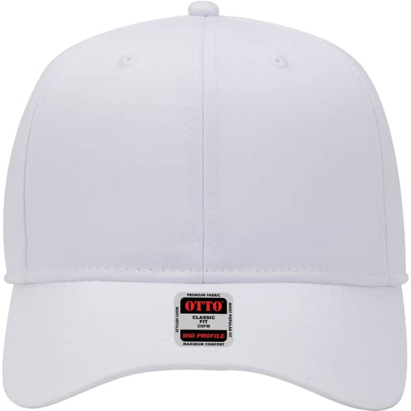A white 6 panel mid profile baseball cap with a logo on the front and button accents at the top.
