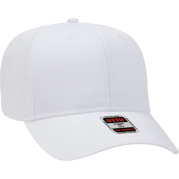A white 6-panel baseball cap featuring a curved brim and a branding label.