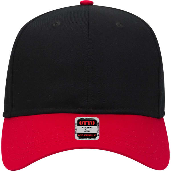 A mid-profile baseball cap in black with a red brim, featuring a logo on the front.