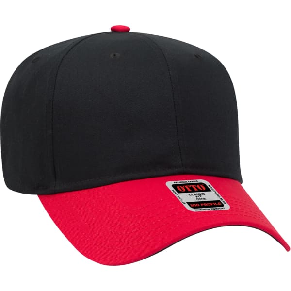 A black and red 6 panel baseball cap with a curved brim and a logo on the side.