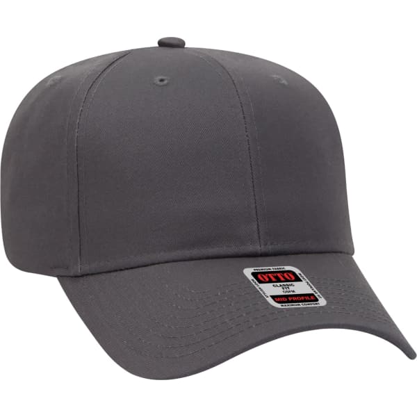 A grey six-panel baseball cap with a curved brim and a logo label on the front.