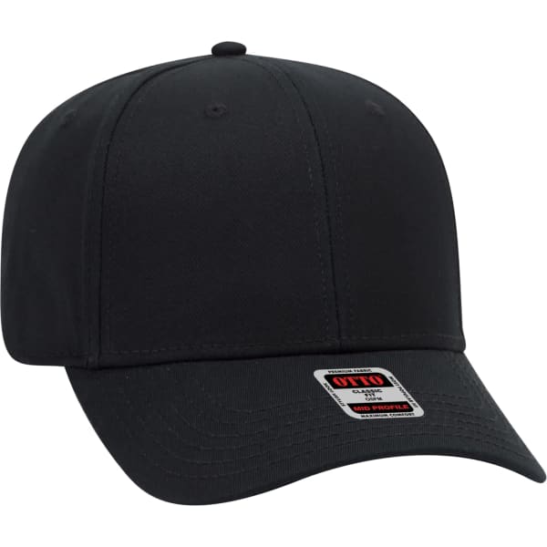A black 6 panel baseball cap with a curved brim and a logo on the side.