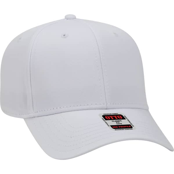 A white 6 panel baseball cap with a structured design and a branded tag.