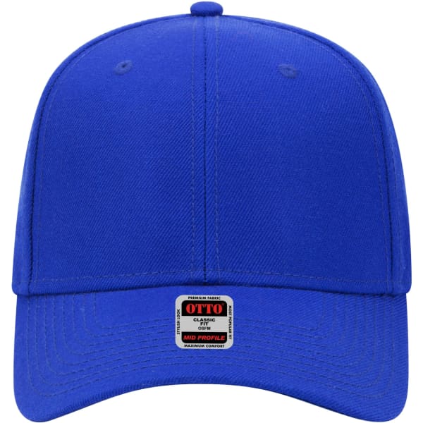 A blue 6-panel mid-profile baseball cap with a logo label on the front.