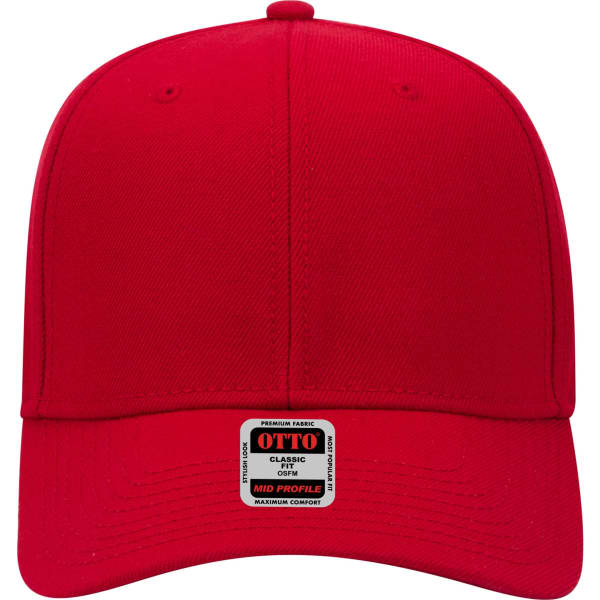 A red mid-profile baseball cap featuring a structured design and a logo on the front.