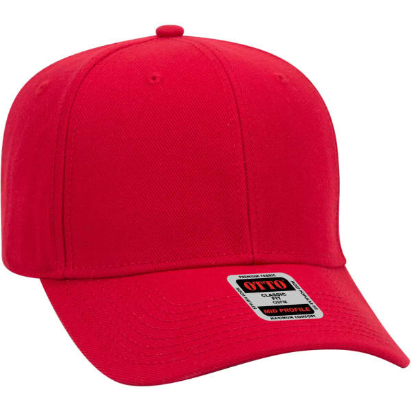 A red 6 panel baseball cap with a mid-profile design and a logo on the front.