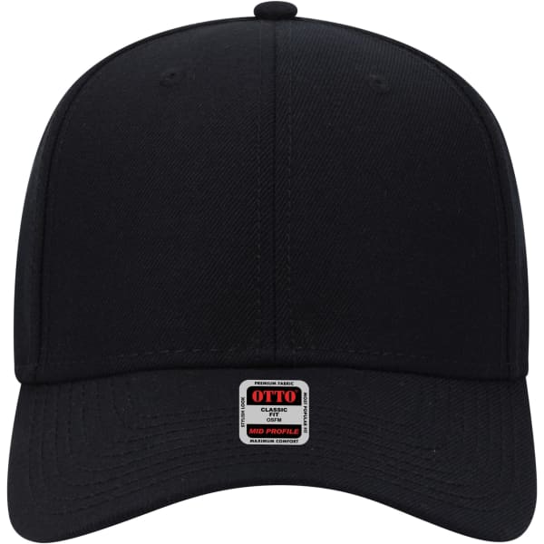A black six panel mid profile baseball cap featuring a logo at the front.