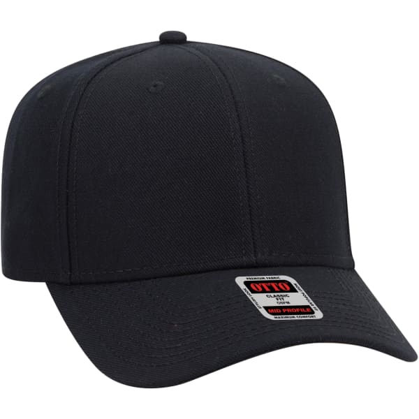 A black 6-panel baseball cap with a rounded crown and a curved brim, featuring a logo on the front.