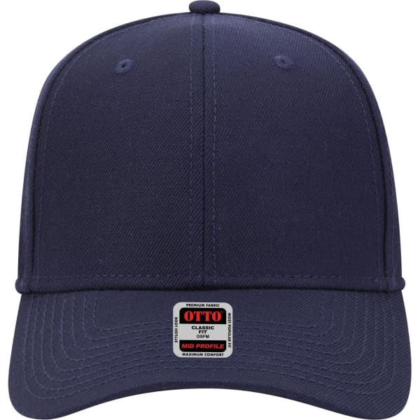 A navy blue 6 panel mid profile baseball cap featuring a logo on the front.